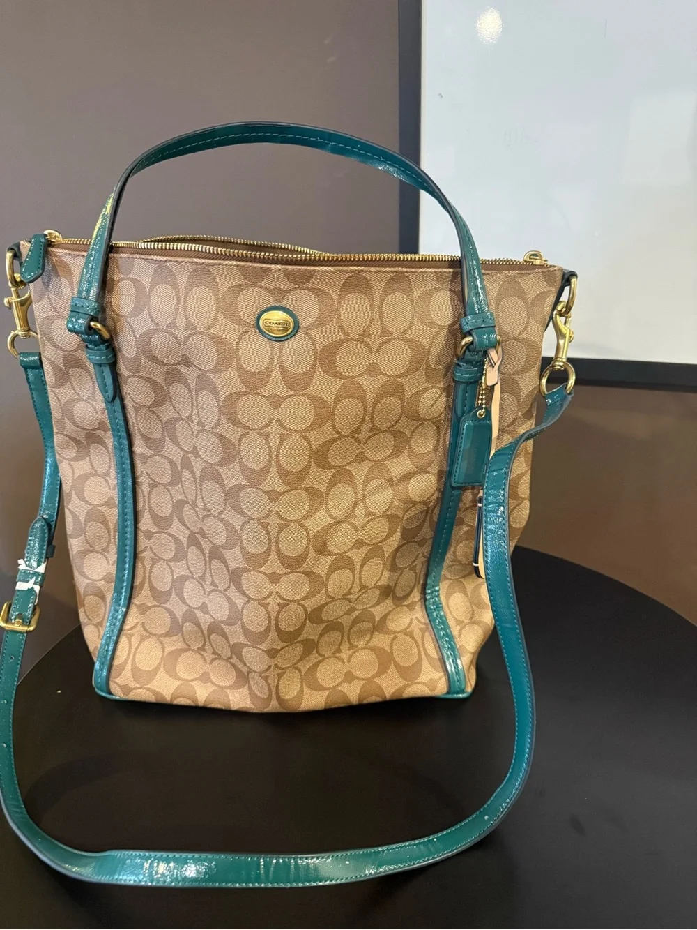 Coach Beige Signature Shoulder Bag with Teal Trim